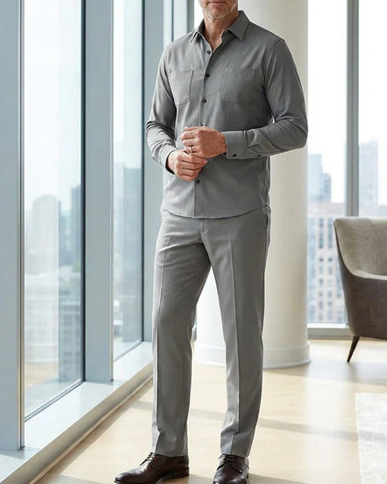 Herr 2-Delad Enfärgad Promenaddräkt - Lös Passform, Skrynkelbeständig, Snygg