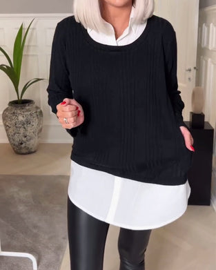 Avslappnad, falsk tvådelad topp med lapptäcke och lång ärm