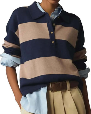 Pullover Med Bred Randig Knappad Krage