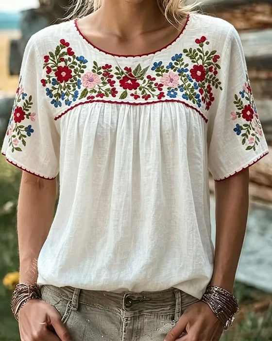 Blus Rundhalsad Broderad Bohemisk