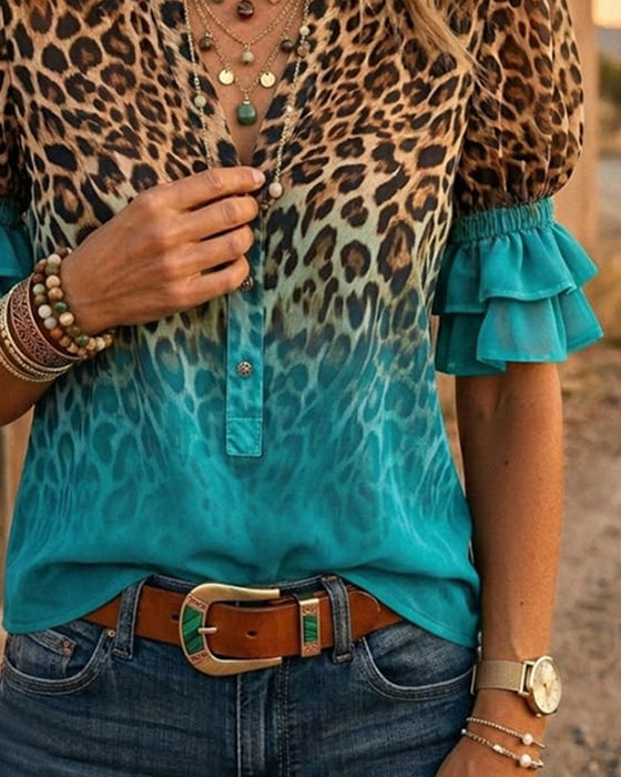 Leopardmönstrad V-Hals Gradient Rynkad Blus