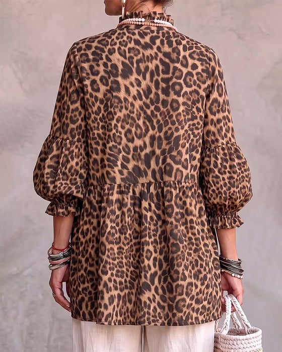 Topp Leopard Tryck Rynkning Trim Knapp