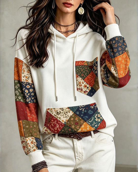 Hoodie Patchwork Tryck Huvförsedd