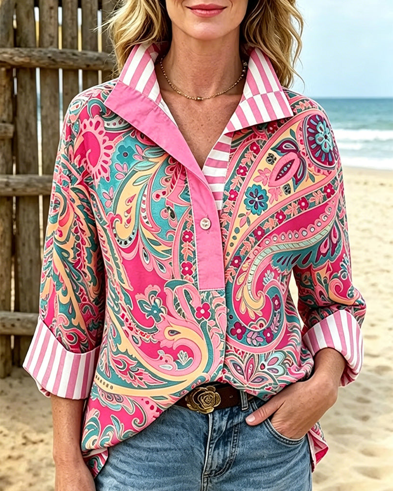 Blus Patchwork Blommig Tryck Casual
