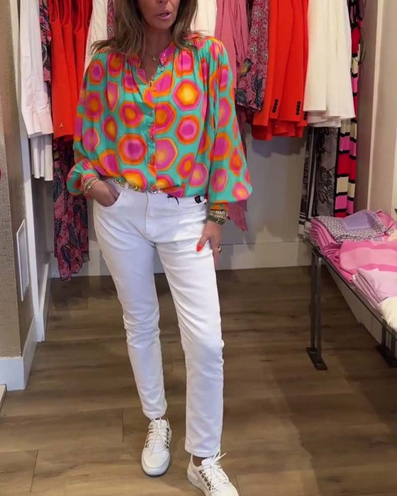 Färgglad skjorta med geometriskt tryck med krage