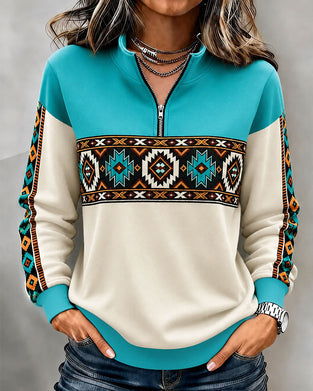 Hoodie Etnisk Geometrisk Print Halvdragkedja Mandarin Krage