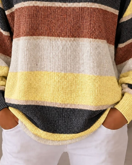 Sweatshirt Rund Halsringning Knäppt Kontrast Randig