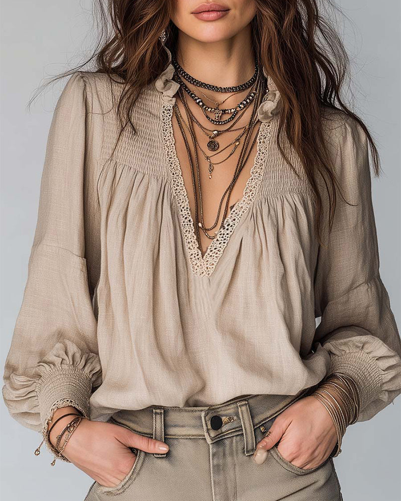 Blus Djup V-Hals Puffärm