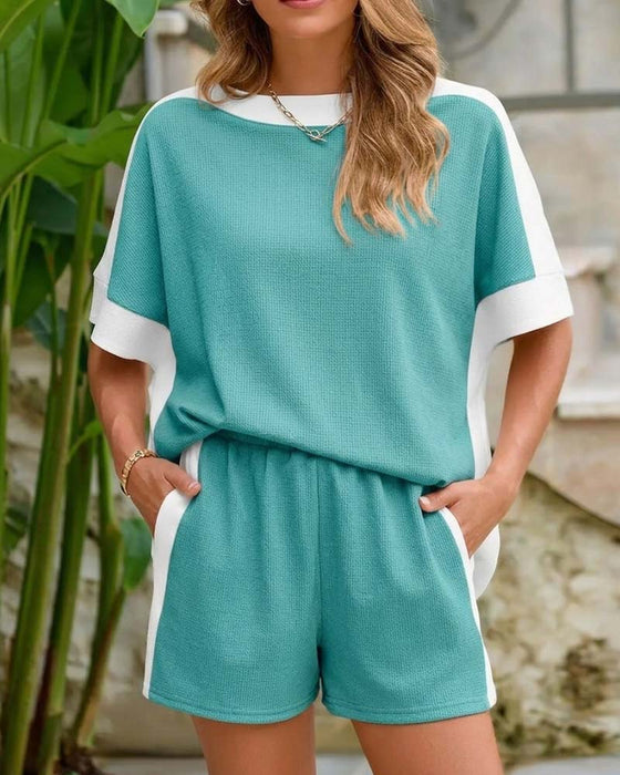 Set Färgblock Kort Ärm Shorts Avslappnad