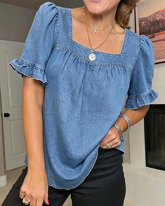 Blus Fyrkantig Hals Rynkad Denim