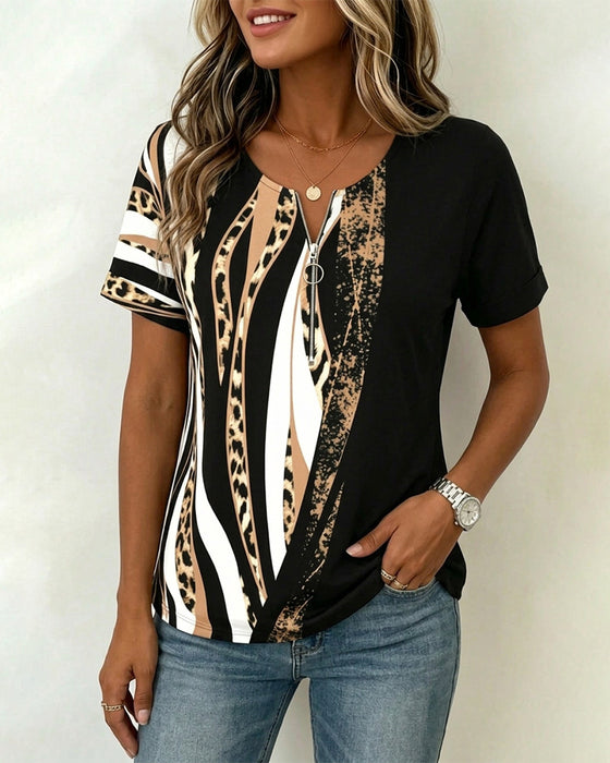 T-Shirt Dragkedja Leopard Tryck Färgblock Casual