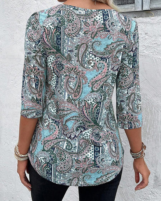 Blus Trekvartsärm Vintage Tryck