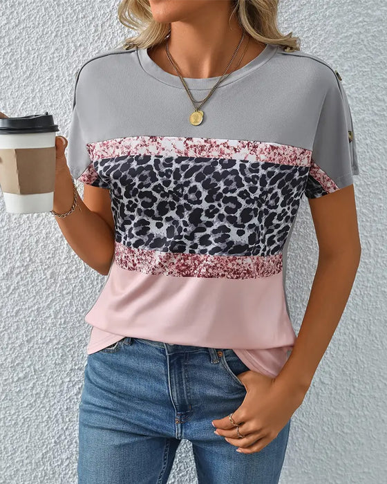 T-Shirt Rund Hals Leopardmönster Färgblock