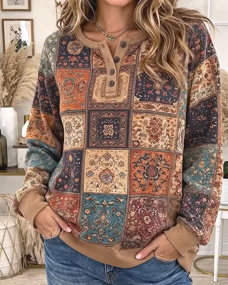 Sweatshirt Rund Hals Knappad Rutmönster Kontrast