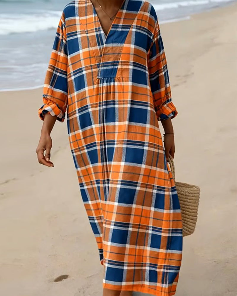 Lös V-Ringad Klänning I Rutigt Mönster