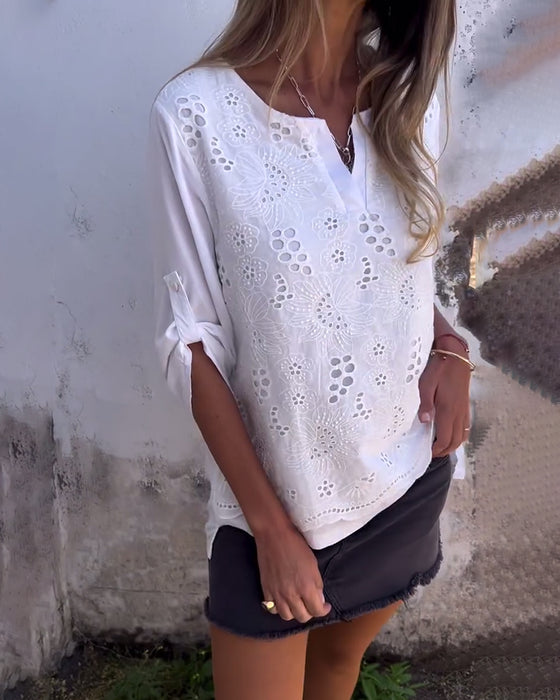 Blus Enfärgad Patchwork Tryckt Uppvikbar Ärm