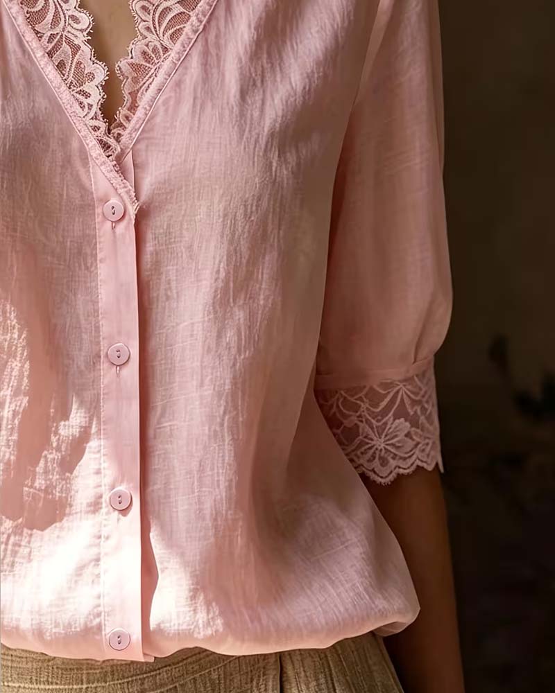 Blus V-Hals Spets Patchwork Solid Tretrekvart Ärm