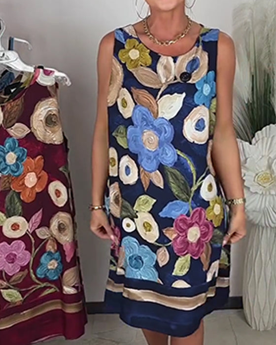 Klänning Oljemålning Blommig Ärmlös Rak