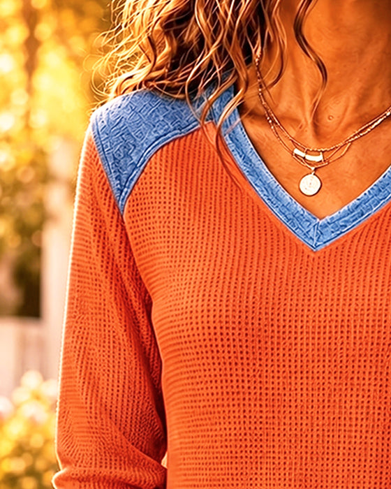Blus Casual V-Hals Patchwork Denim