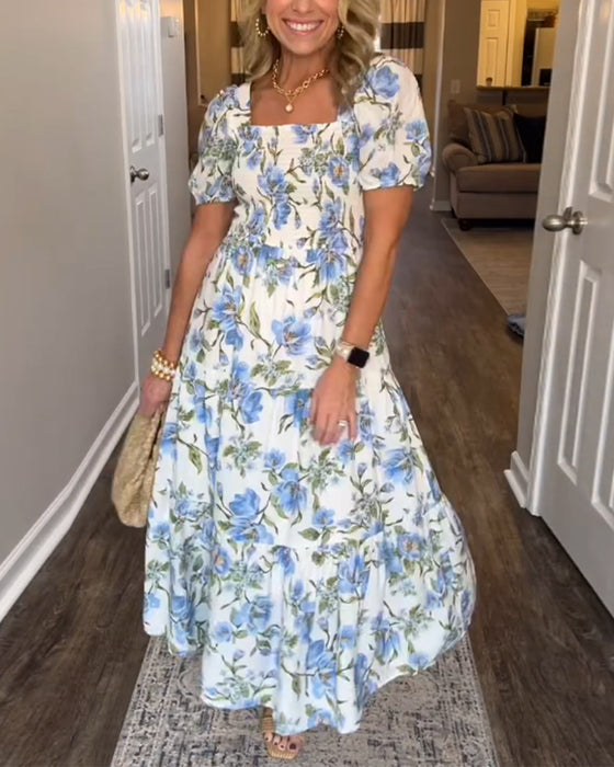 Klänning Fyrkantig Urringning Plisserad Blommig A-Linje