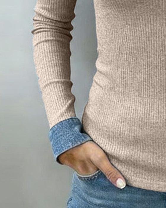 Topp Kontrastfärg Flik V-ringning Långärmad