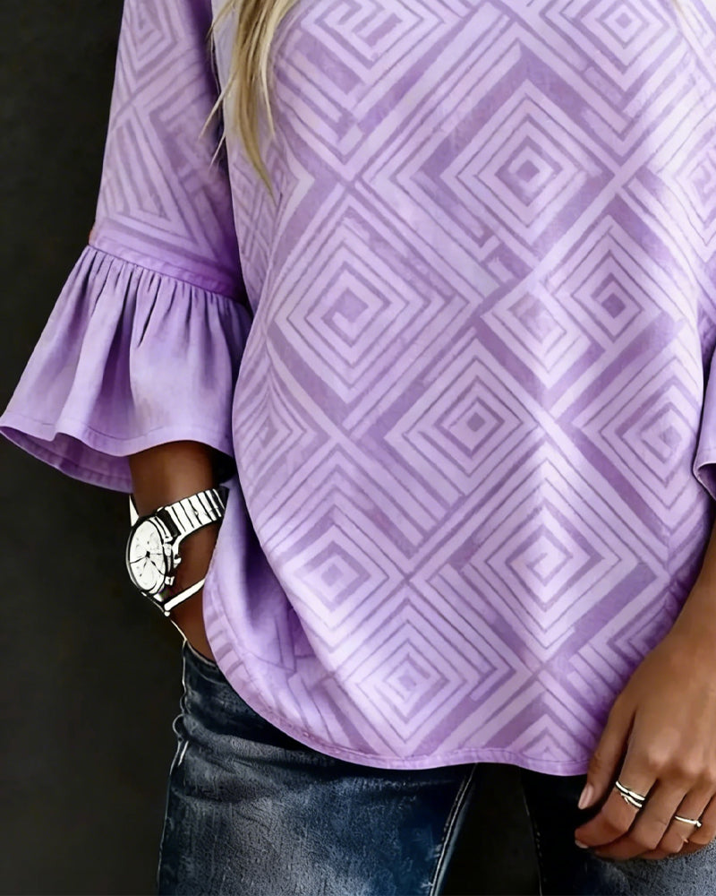 Blus Geometrisk Tryck Utsvängd Ärm Löst
