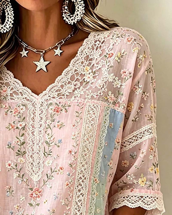 Blus V-Hals Spets Patchwork Kontrast Blommig
