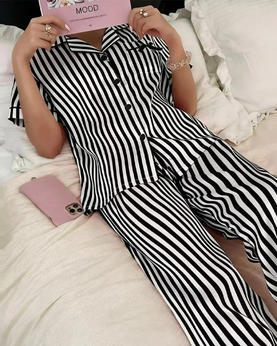 Pyjamasset Randig Skjortkrage Rosett
