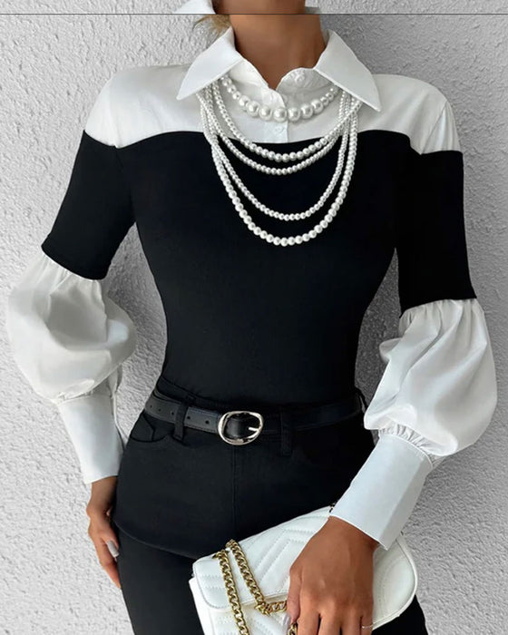 Topp Färgblock Off-Shoulder Lantern Ärm Lapptäcke