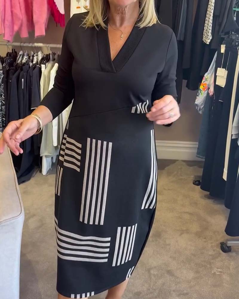 Klänning Geometrisk Rand V-Hals Bodycon Midi
