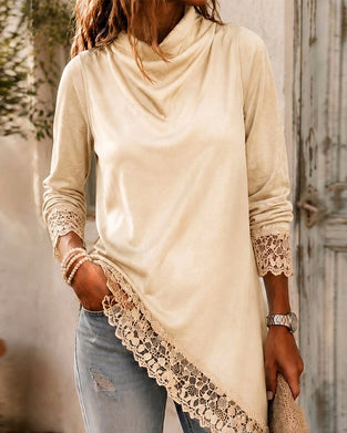 Topp Mock Neck Spets Patchwork Oregelbunden