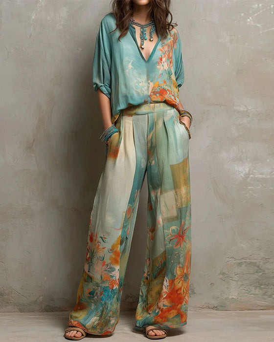 Set V-Hals Blommig Blus + Raka Ben Byxor