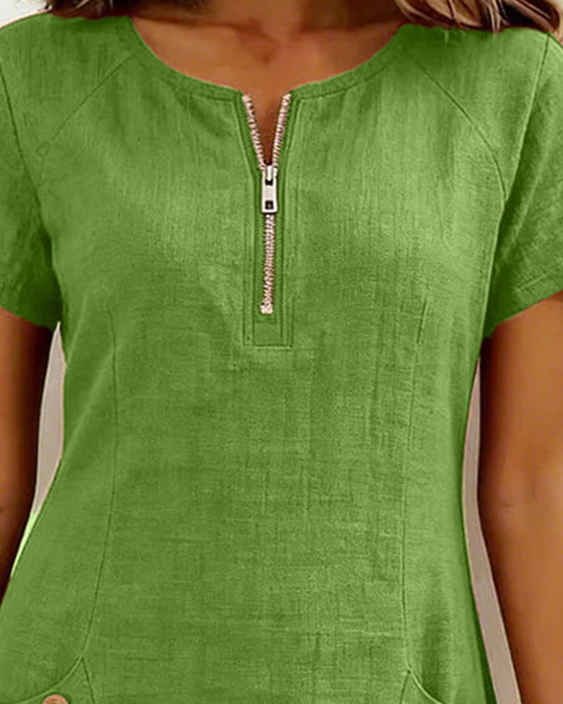 Klänning Dragkedja Ficka Bomull Linne