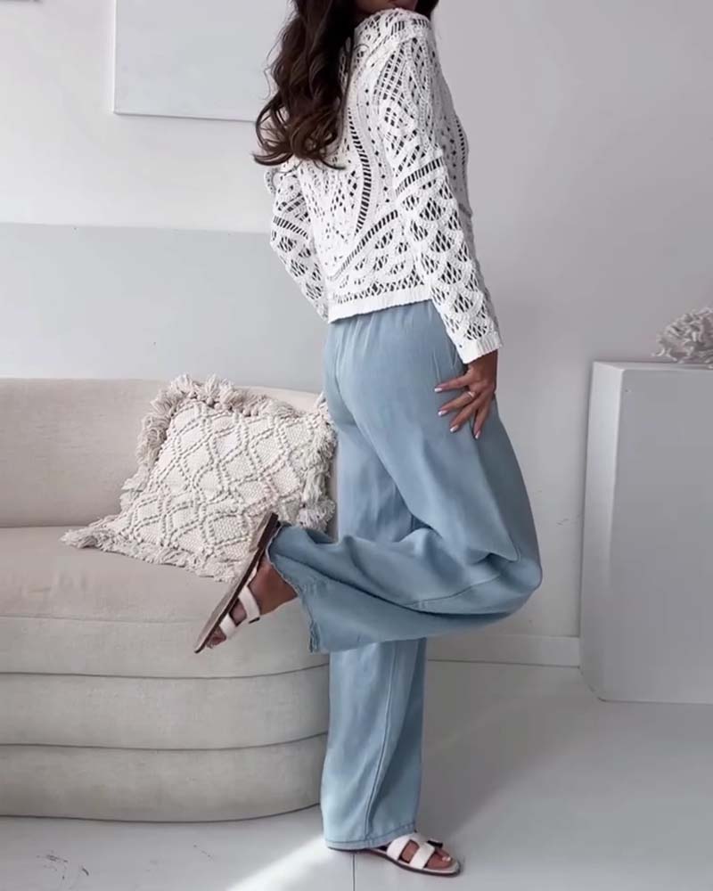 Byxor I Tvättad Denim Med Vida Ben