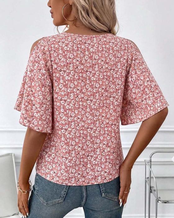 Blus V-Hals Blommig Off-Shoulder Fladder Ärm