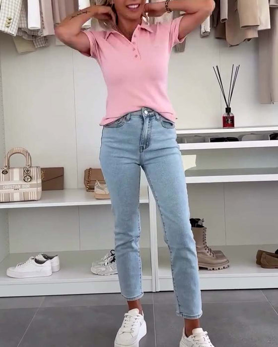 T-shirt Lapel Polo Shirt Enfärgad Slim Fit