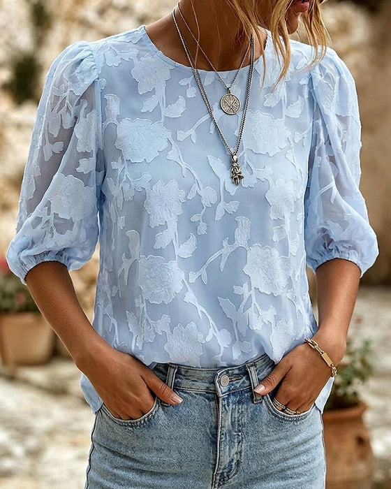 Rundhalsad Blus Med Puffärmar