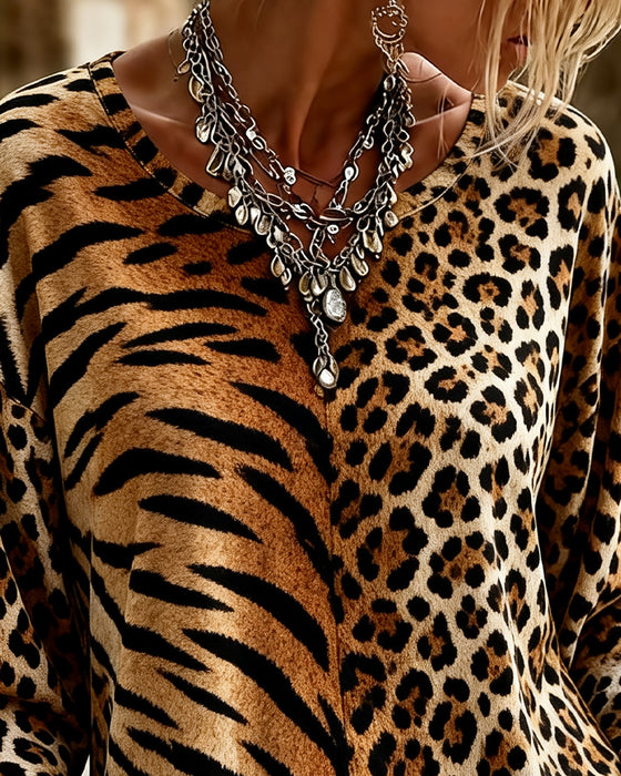 Topp V-Hals Leopard Tiger-Tryck Puff-Ärm