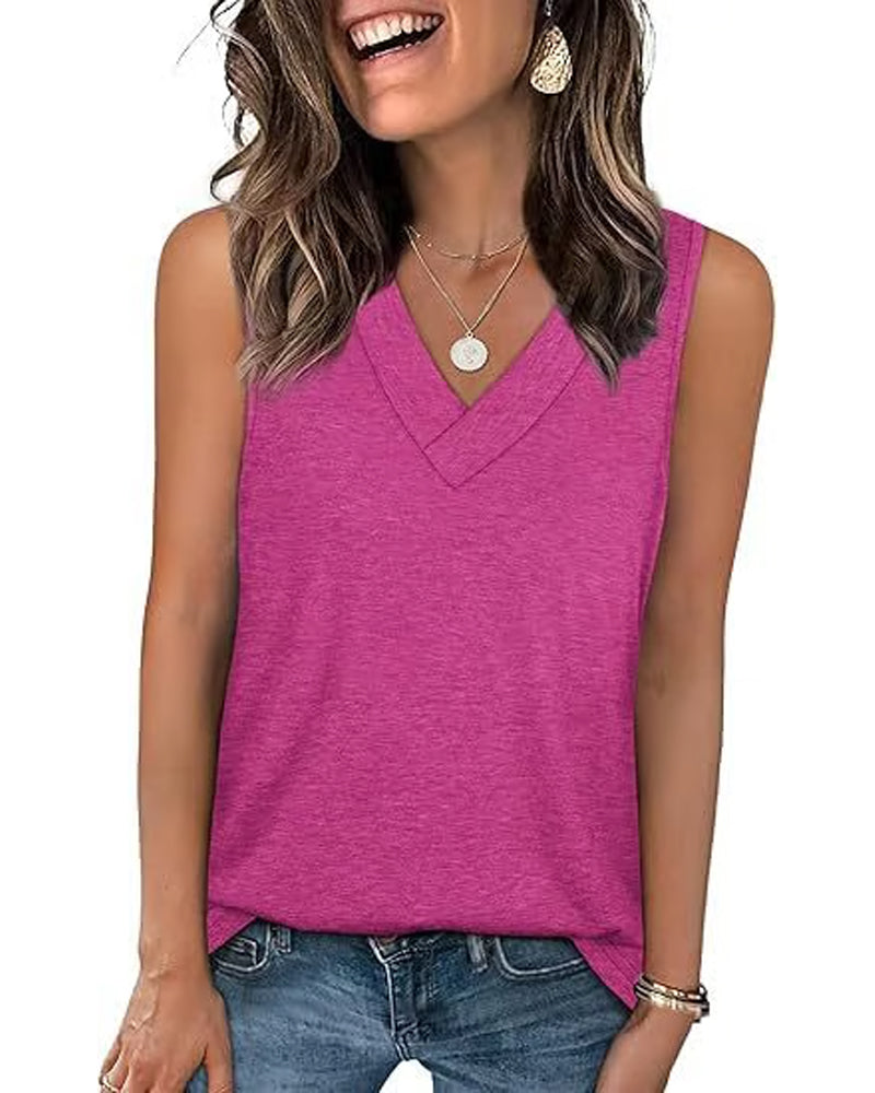 Linne T-Shirt Dam Ärmlös V-Hals Bantning Lös Passform Avslappnad