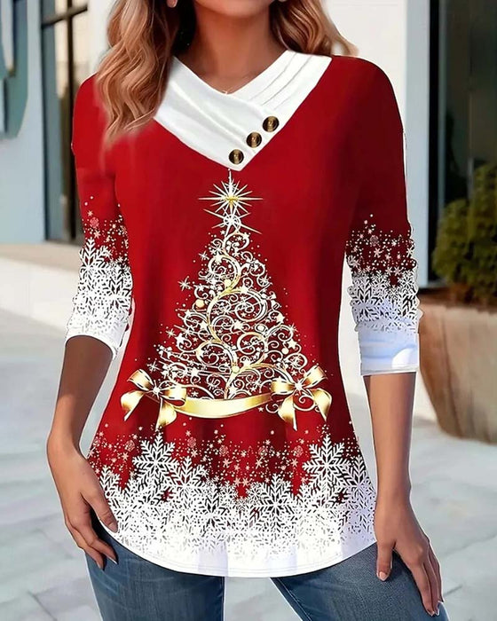 Top Med Asymmetrisk Krage, Knappdetalj Och Julgranmönster