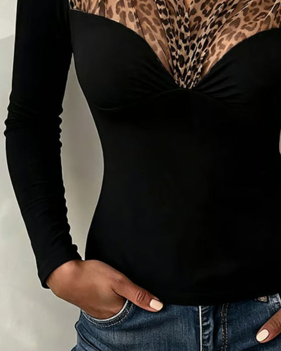 Topp Leopard Mesh Lapptäcke V-Hals Figurnära