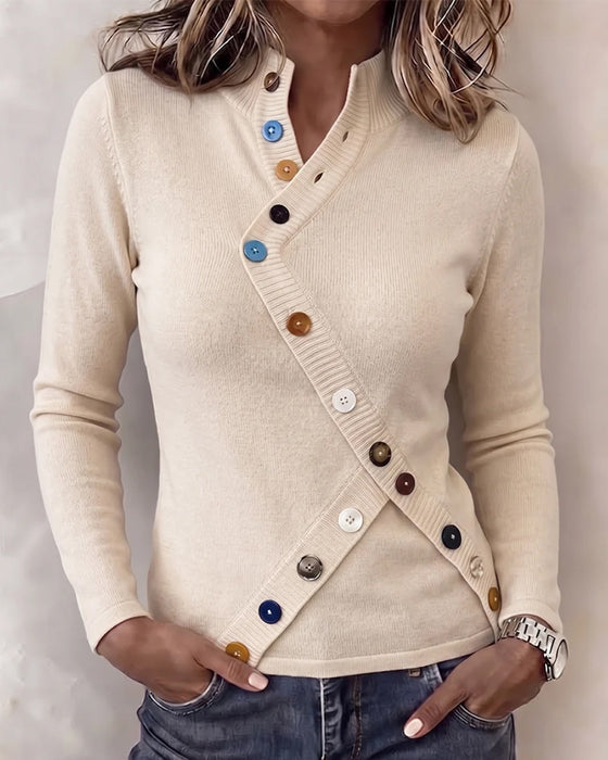 Pullover Mandarin Krage Färgblock Asymmetrisk Knapp