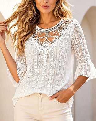 Blus Rundhalsad Hollow Out Spets Patchwork