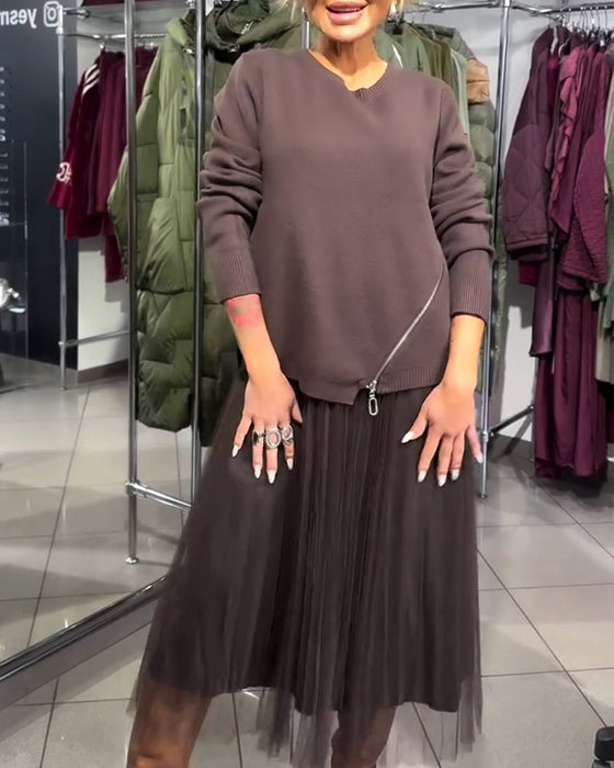 Stilrent Set Med Rundhalsad Tröja Och Dragkedjedetalj