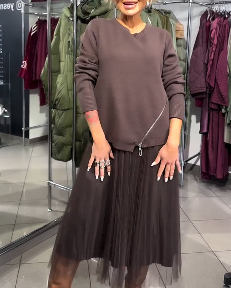 Stilrent Set Med Rundhalsad Tröja Och Dragkedjedetalj