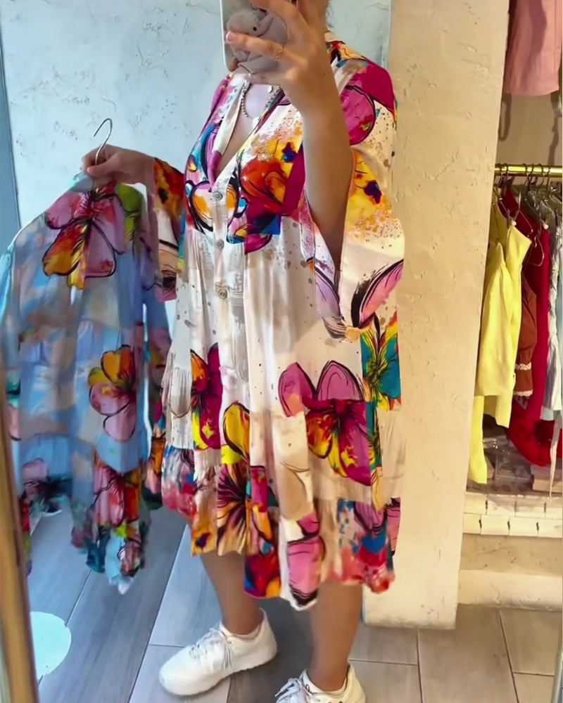 Klänning Färgglad Stor Blommig Tryck Kort