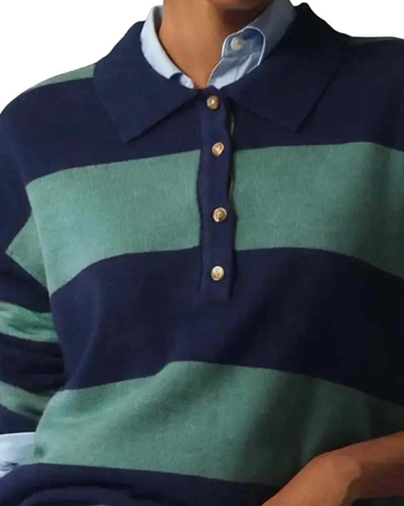 Pullover Med Bred Randig Knappad Krage