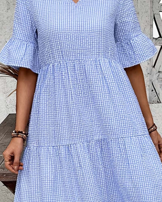 Kläning Blå Vit Gingham V-Hals