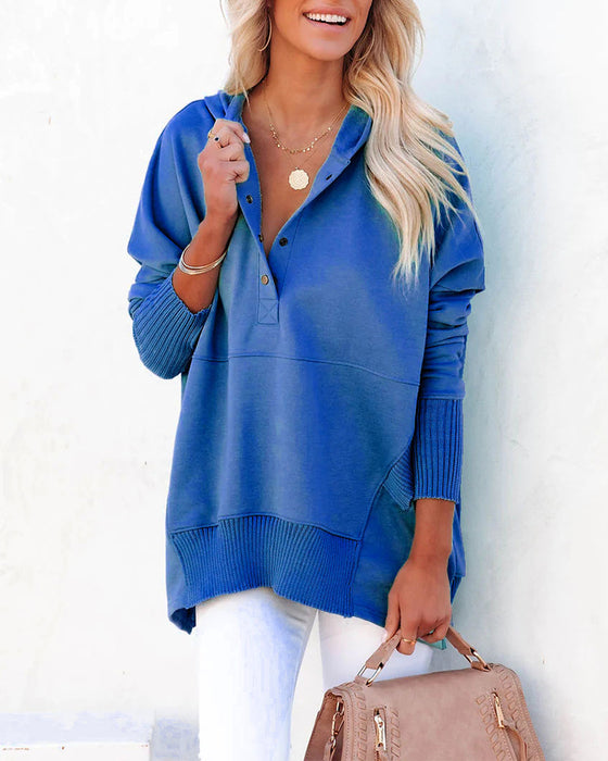 Tröja avslappnad v-ringad huva enfärgad lös