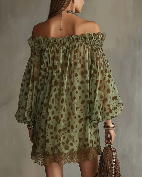 Klänning Leopardmönster Off-Shoulder Spets Patchwork